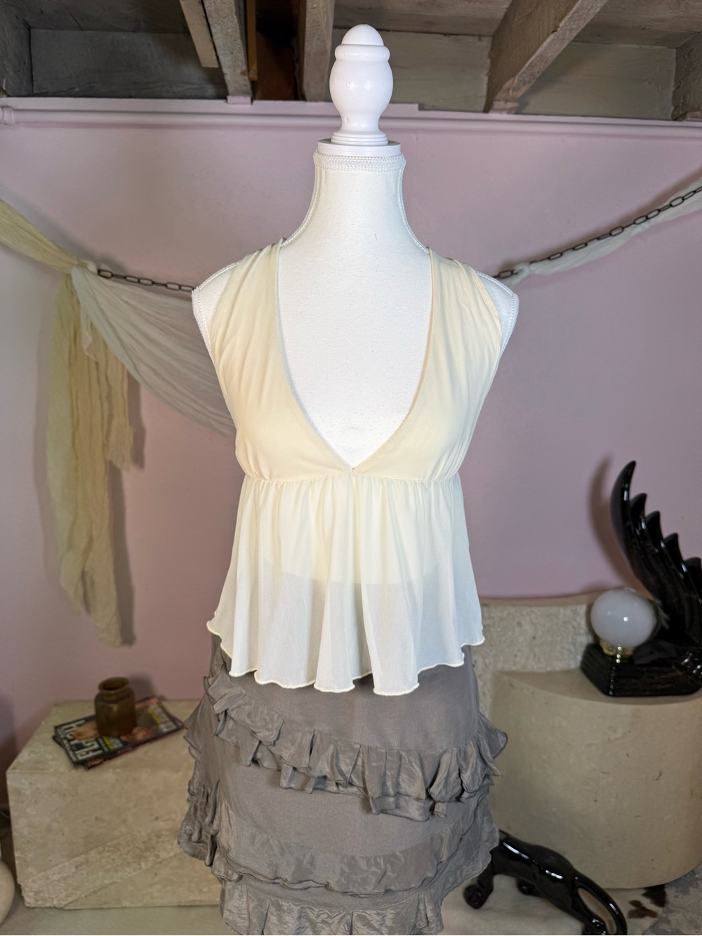 Y2K Ivory Sheer Backless Babydoll Halter Top – Size Small